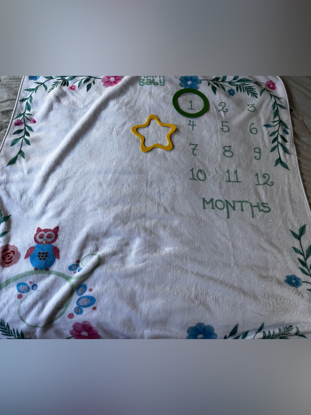 Baby Milestone Blanket with Floral & Owl Design - White, Blue, Pink, Green